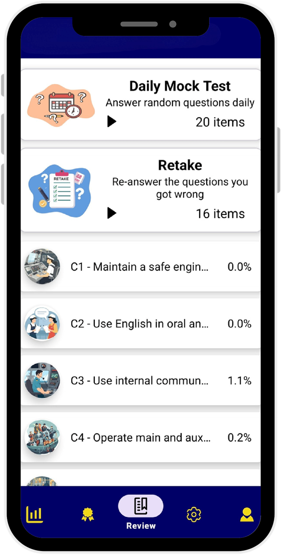 The PNTC Maritime Review app showing the Daily Mock Test, Retake and competence list
